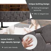 GOFLAME Single Platform Bed Frame, Upholstered Mattress Foundation With Storage Headboard, Modern Velvet Bed With Plywood Slat Support, No Box Spring Needed, Grey + Rustic Brown - Grey - View 4