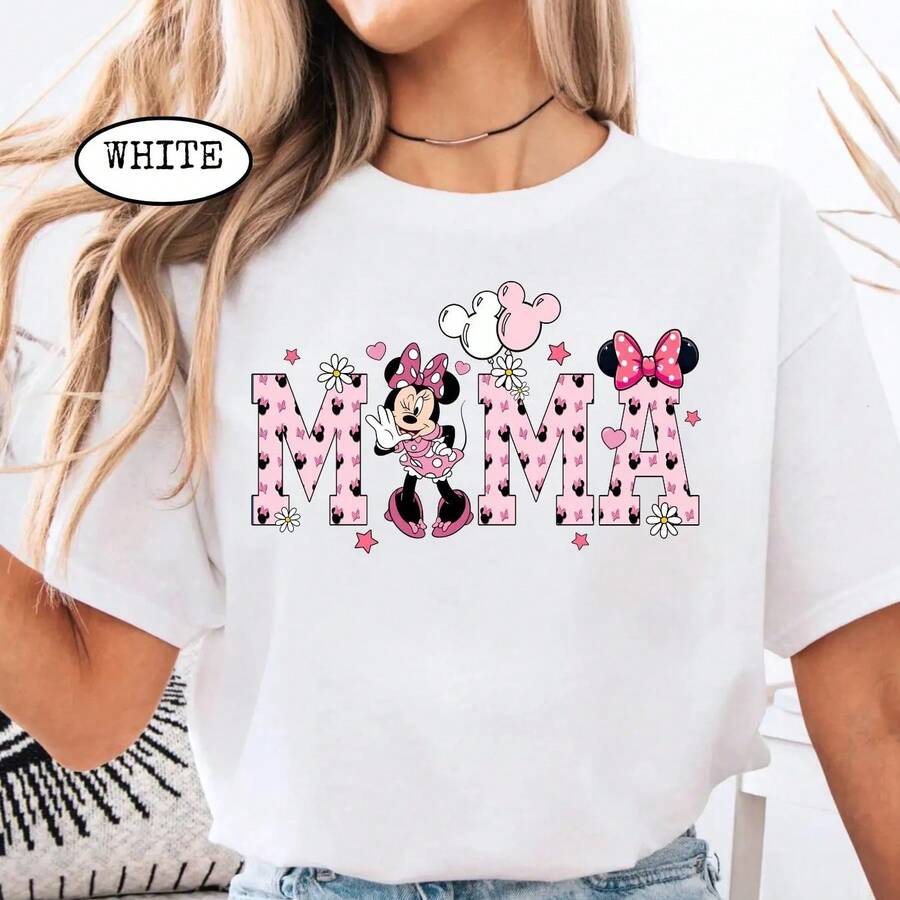 Disney Minnie Mouse MAMA Mother's Day White Oversized Cotton T-Shirt, Cute Mom Gift Tee, Casual Loose Fit Top For Women - 白色 - 查看 1