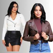 Women's Black Faux Leather Jacket With Buttoned Hem – Autumn/Winter Fashion - 鏽棕色 - 查看 2