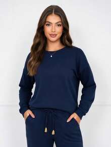 Women's Casual Long Sleeve Pants Set With Drawstring - Comfortable Winter/Autumn Fashion Blogger Style - Màu xanh hải quân - Xem 6