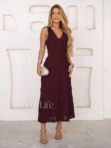 Women's Midi Dress, Knit, Summer, Crochet, Ruffles, Party, Beach, Elegant, Christmas, New Year's Eve, Premium - 勃根地 - 查看 2