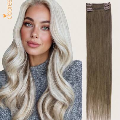 DOORES 2PCS 5# Màu tóc thẳng 100% tóc người, kẹp tóc highlight, dài 12-24 inch, dệt đôi, kẹp vô hình, tóc Remy tự nhiên, phụ kiện tóc cho phụ nữ và bé gái sử dụng hàng ngày.