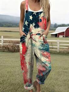Cat And American Flag Print Women's Adjustable Strap Jumpsuit, Polyester, Lightweight And Breathable, Women's Clothing, Regular Women's Clothing, Women's Jumpsuits And Rompers, Women's Jumpsuit, Women's Plus Size Jumpsuit - 彩色 - 查看 1