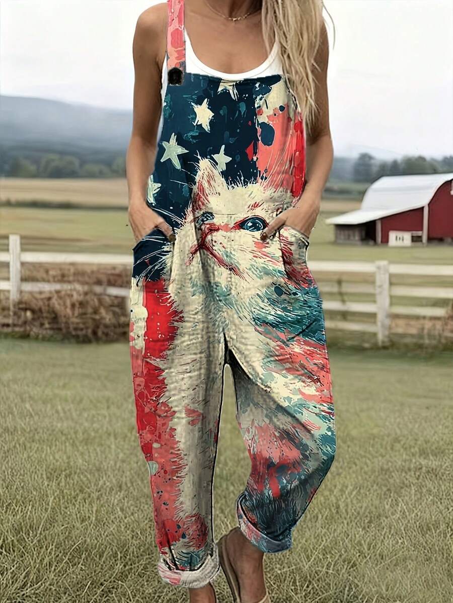 Cat And American Flag Print Women's Adjustable Strap Jumpsuit, Polyester, Lightweight And Breathable, Women's Clothing, Regular Women's Clothing, Women's Jumpsuits And Rompers, Women's Jumpsuit, Women's Plus Size Jumpsuit - 彩色 - 查看 1