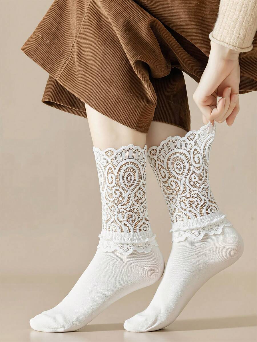 1 par de calcetines de media caña para mujer de unicolor con parches de encaje, estilo retro, suaves y cómodos - Blanco - Ver 1