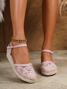 女士优雅单带搭扣坡跟厚底休闲鞋，适合所有季节 - 粉色 - 查看 8