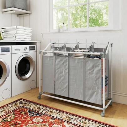 4-Compartment Laundry Basket, 160 Liters, Washing Bag With Wheels And Removable Storage, Size 97*38*81 Cm, Grey Color