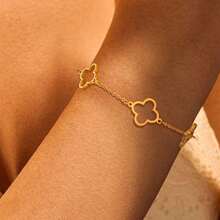 1 件经典不锈钢高品质四叶草花手链，简约镂空设计，女士幸运草礼物 - 金黃色 - 查看 4