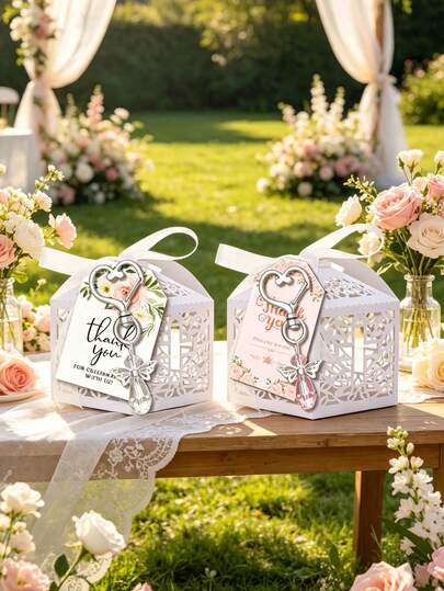 15/3 pezzi Set di portachiavi a forma di cuore con diamanti per matrimonio, portachiavi bianchi/rosa con biglietto di ringraziamento e nastro di organza, bomboniera per matrimonio, regalo per gli ospiti, regalo di nozze elegante, ricordo di matrimonio, adatto per regali di nozze, feste, addio al nubilato, bomboniere, souvenir per feste.