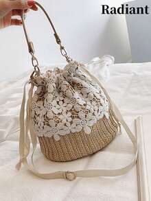 Lace Trim Straw Bucket Bag, Multifunctional Women's Crossbody Bag, Drawstring Design, Vacation Style, Suitable For Work Commute, Dating, Vacation - Multicolor - View 3
