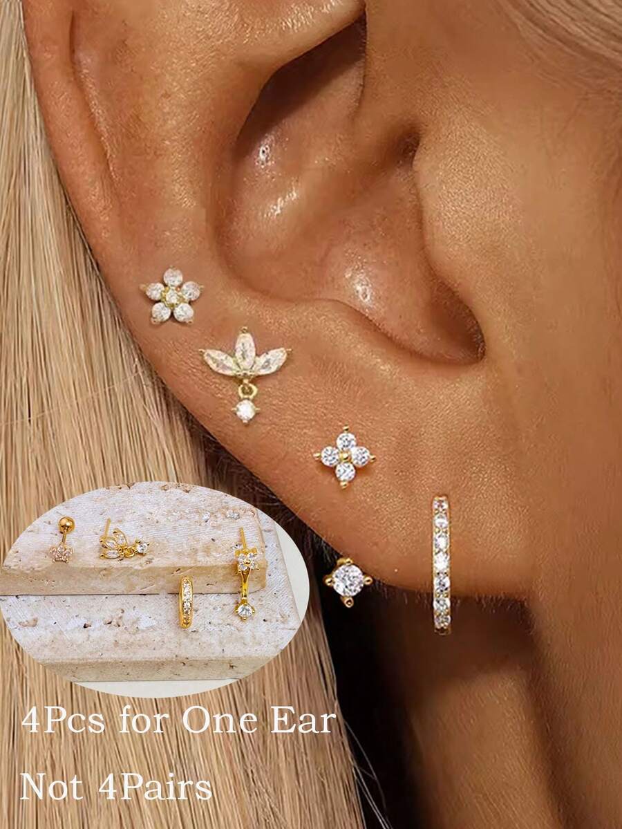 4件套优雅立方氧化锆花朵耳环套装,时尚叠戴耳环,14K镀金小号立方氧化锆耳环,适合女性和女孩,适合派对和日常佩戴,送给她的礼物 - Gold - 查看 1