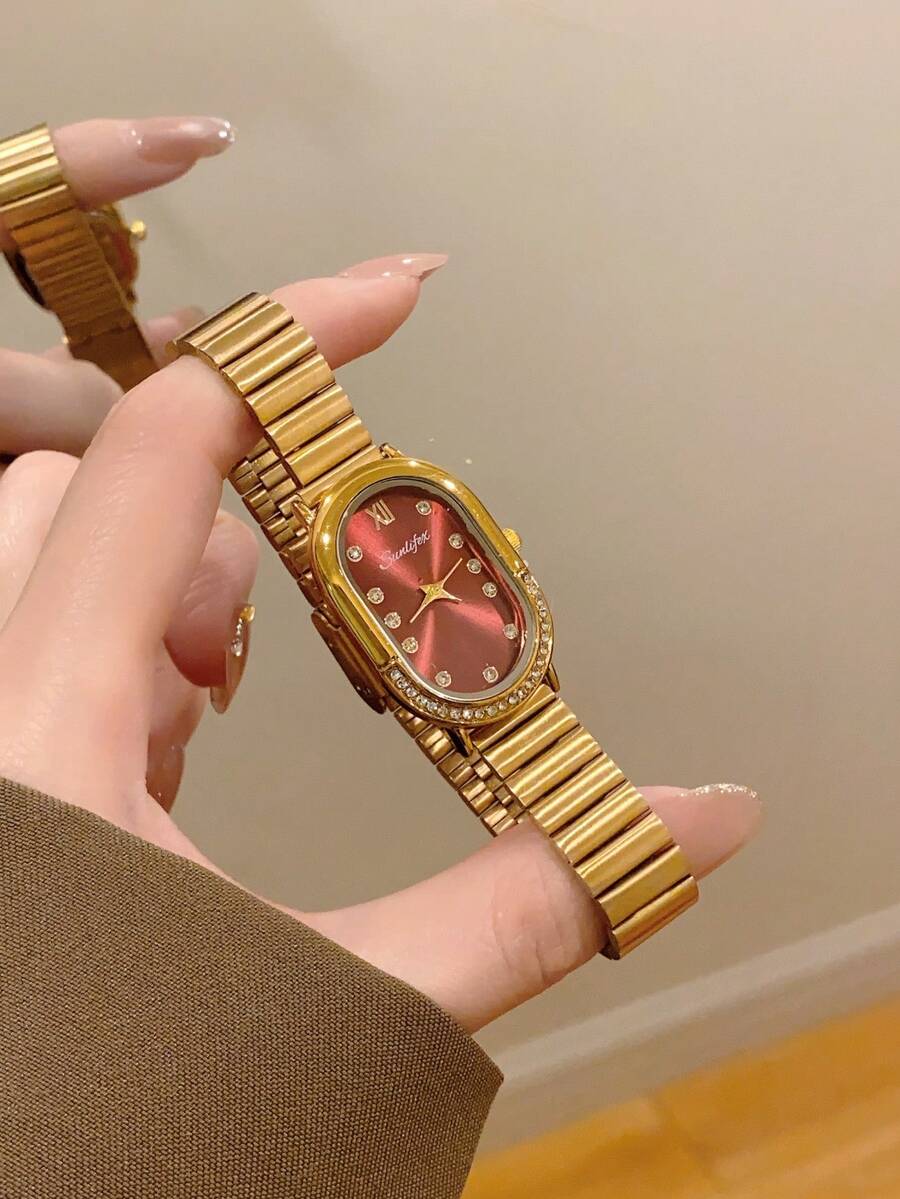 1 件女士椭圆形银黑色方形金色表盘石英休闲手表,适合日常佩戴 - 金色 - 查看 1