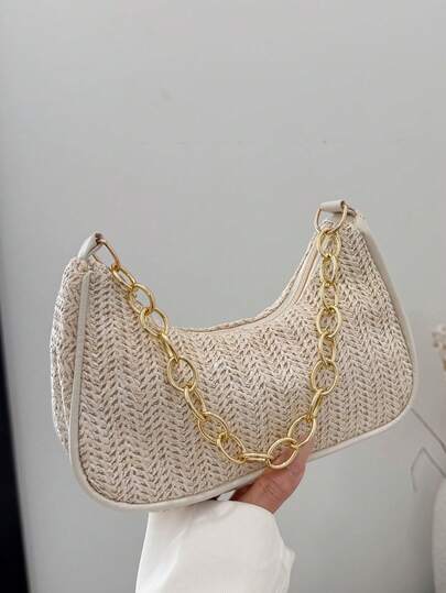 Fashionable Solid Color Metal Chain Crescent Straw Tote Bag, Women's Multifunctional Handbag, Clutch, Beach Bag, Casual Straw Handbag, Phone Pouch, Summer Beach Bag