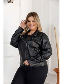 Women's Faux Leather Jacket, Curve Plus Size (G3) - 黑色 - 查看 3
