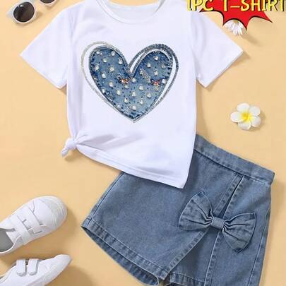 Camiseta  Infantil 100% algodão Estampa Coração Jeans blusinha fofa ideal para meninas