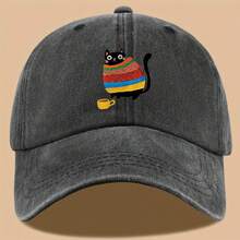 Lightweight Breathable Cat Print Truck Hat Vintage Washed Baseball Cap Adjustable Strap Unisex Outdoor Sun Protection For Men Women Holidays Hiking Birthday Gift - 灰色 - 查看 6