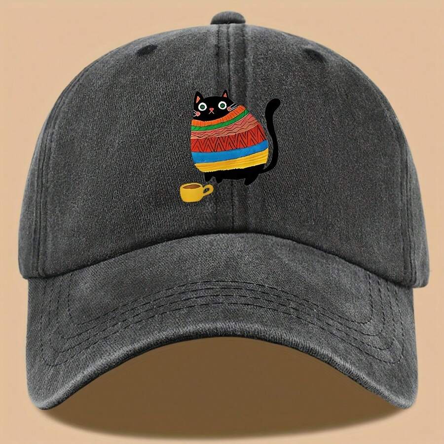 Lightweight Breathable Cat Print Truck Hat Vintage Washed Baseball Cap Adjustable Strap Unisex Outdoor Sun Protection For Men Women Holidays Hiking Birthday Gift - 灰色 - 查看 1