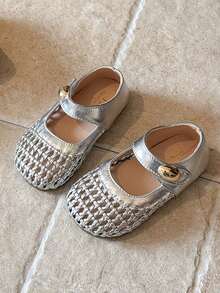 1 Pair Summer New Girls Woven Hollow Mary Jane Shoes, Toddler Soft Bottom Non-Slip Princess Shoes, Kids Hook And Loop Breathable Leather Shoes - Silver - View 3