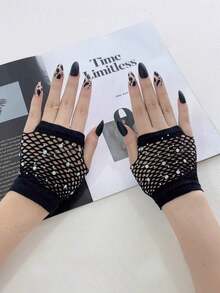 1 Pair Women's Short Punk Style Hollow Mesh Sexy Fingerless Gloves With Rhinestones,Travel,Festival,Party,Camping - Multicolor - View 15