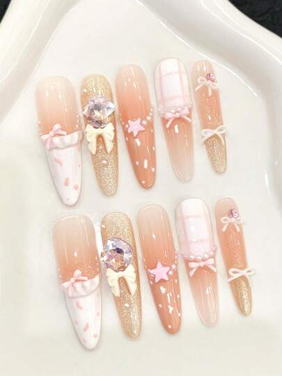 10片装长款尖头手工按压式美甲贴片，适合派对和日常佩戴，粉色美甲贴片，粉色蝴蝶结，闪亮猫眼，易于佩戴。10片装Y2K手工按压式美甲贴片，闪亮夺目，夏季美甲，夏季风格，适合女孩和女士参加节日派对和日常佩戴。