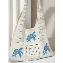 Women's Summer Beach Tote Bag - Crochet Design With Sea Turtle Pattern, Large Capacity Open-Top Tote, Beige Polyester, Suitable For Casual Outings And Coastal Vacations, Beach Tote Bag, Travel Accessory, Bohemian Fashion, Woven Texture, Spacious Tote Bag, Essential For Vacation, Ideal For Work, Back To School , Bohemian Outfit For Women , Beach Bag , Crochet, Holiday, Woven Bag, Straw Bag - 彩色 - 查看 5