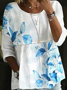 Plus Size Women's White Floral Print Shirt, Loose Casual Vacation Style Round Neck Blouse, Suitable For Daily Commute And Gatherings In Summer - White - View 1