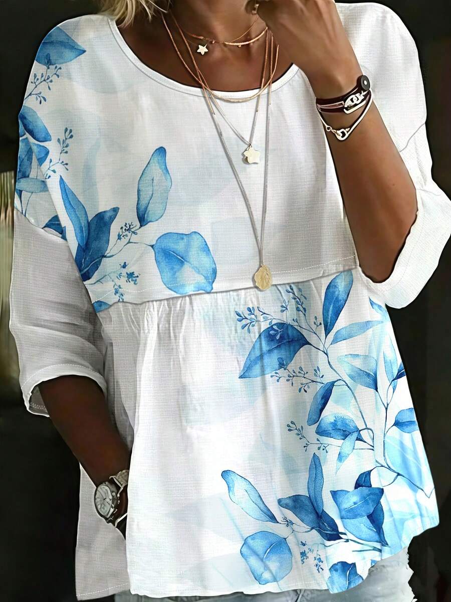 Plus Size Women's White Floral Print Shirt, Loose Casual Vacation Style Round Neck Blouse, Suitable For Daily Commute And Gatherings In Summer - White - View 1