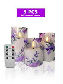 3pcs Flickering Flameless Candles With Timer And Remote Control, Battery Operated Candles With Rose Print, Suitable For Tabletop Centerpiece Decor, Christmas, Halloween, Valentine's Day, Mother's Day, Dining Table, Room Decor, Wedding, Party, Gift, Holiday Atmosphere Decoration - Violet - View 12