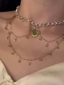 1pc Green Water Drop Faux Pearl Double Layer Necklace For Women, Luxurious Elegant Bone Chain - 綠色 - 查看 4