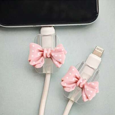 2 chiếc bảo vệ cáp Lightning màu hồng chấm bi xếp ly có nơ (5-14) - Bền, chống gãy, phụ kiện điện thoại thời trang - Bảo vệ cáp bằng nhựa với nơ trang trí dễ thương, bảo vệ cáp sạc