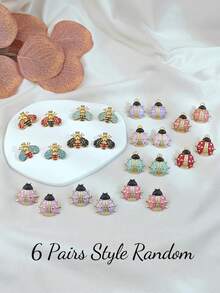 6 Pairs Random Assorted Earrings Set, Including Bee, Ladybug Designs, Stainless Steel Jewelry Waterproof & Fade Resistant, Suitable For Beach Vacation, Swimwear Accessories, Beach Getaway, Attractive Outfits, Wedding Dress Accessories - Multifunctional Jewelry For Swimming, Bathing, Workout, Great For Daily Wear, Parties, Valentine's Day, Mother's Day, Easter Gifts - Multicolor - View 3