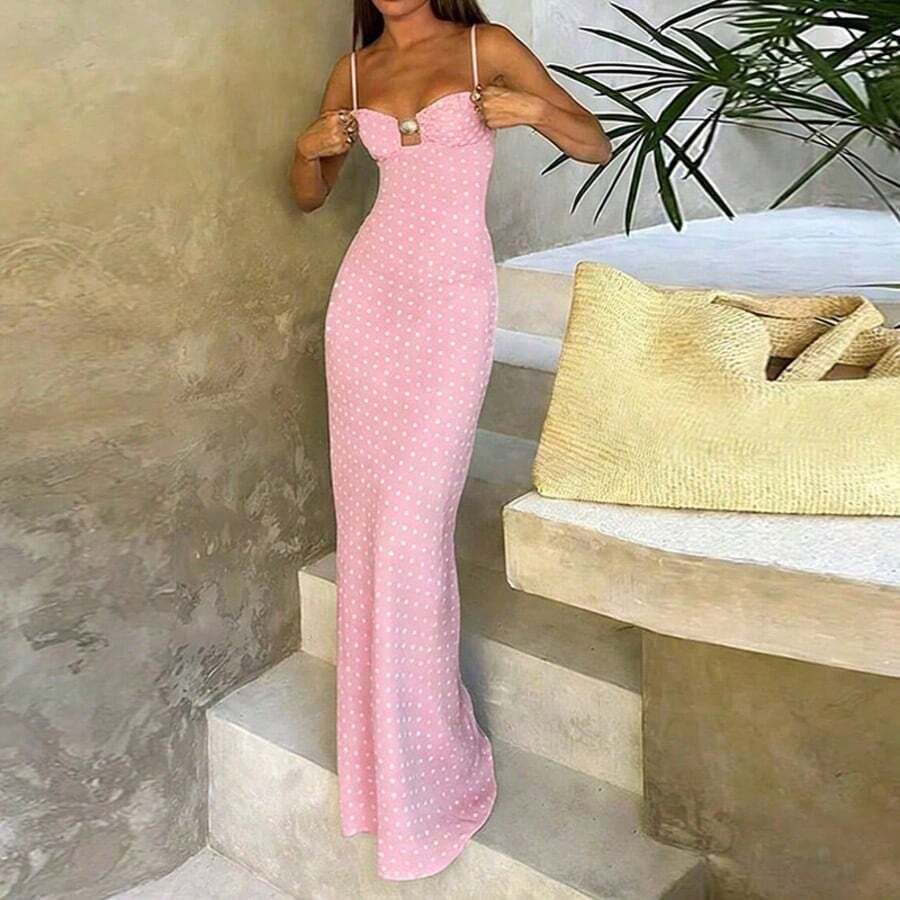 优雅浪漫A字缎面波点印花连衣裙，适合情人节、海滩度假、夏季派对