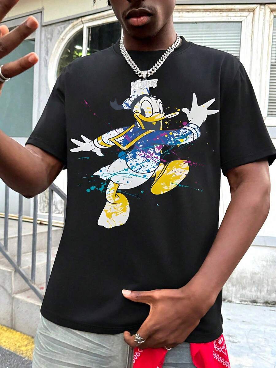 Summer Travel Short Sleeve T-Shirt, Disney Graffiti Style Donald Duck Print Short Sleeve, Unisex Short Sleeve - Black - View 1