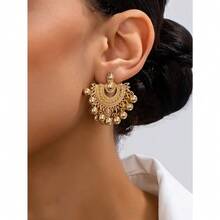 1pc Vintage Hollow Fan-Shaped Bohemian Style Tassel Earrings - Yellow Gold - View 7