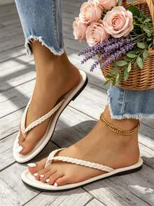 Women Braided Detail Thong Sandals, Vacation Sandals - 白色 - 查看 6