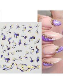 6片/3片装 3D金箔大理石美甲贴纸，蓝色渐变自粘美甲贴花，奢华金色丝带美甲装饰，女士DIY美甲用品 - 彩色 - 查看 9