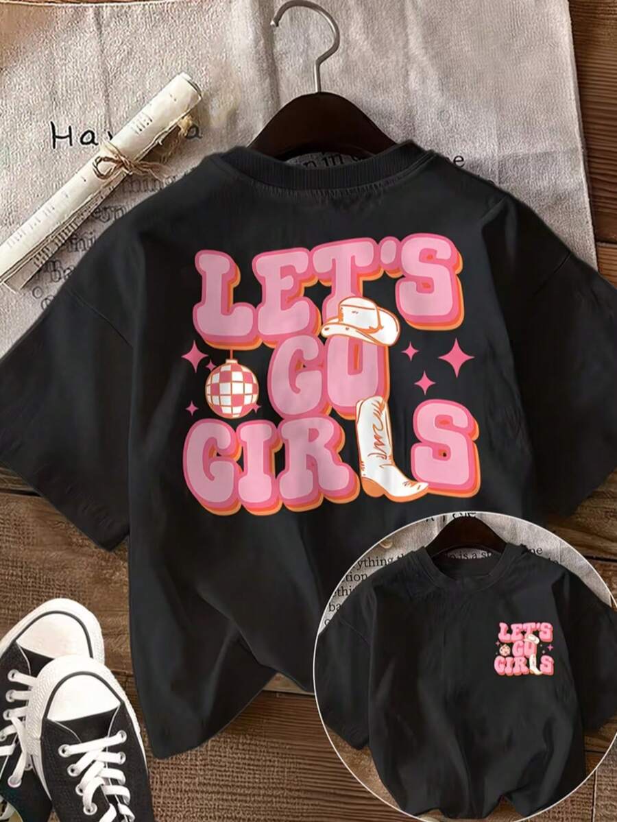 Women's Polyester Round Neck Short Sleeve T-Shirt, "Let's Go Girls" Graphic Tee, Regular Length Casual Street Style T-Shirt, Suitable For Autumn, Slightly Stretchy Black Summer - Black - View 1