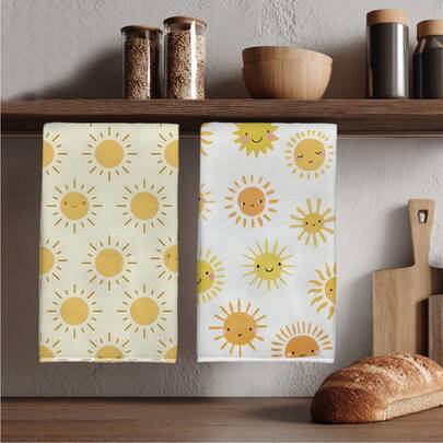 2pcs Cute Sunface Printed 40*60cm Microfiber Kitchen Towels, Minimalist Style Dish Cloths, Hand Towels, Kitchen Decor, Housewarming Gift