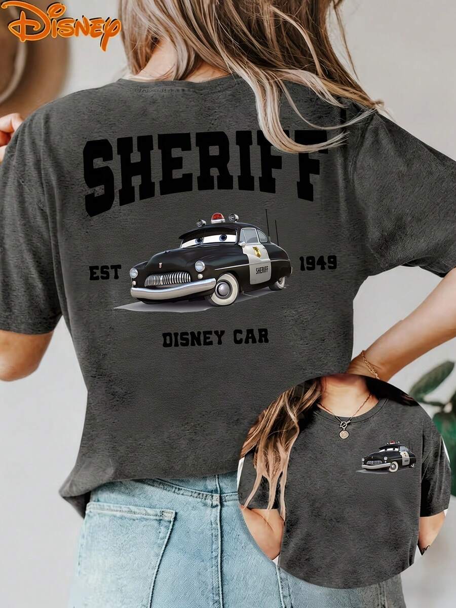 Disney License T Shirts,Disney PIXAR1 Cars Sheriff EST 1949 Graphic T-Shirt, Women's Oversized Police1 Car Print Short Sleeve Tee, Casual Loose Fit Top For Cars Fans, Daily Wear, Disney PIXAR1 Trips & Racing Themed Outfits ,Camiseta, Summer Outfits For Women, Summer Clothes, Summer Tops, Tops For Women, Festival Outfits, Summer Tops For Women, Mother's Day, Mother's Day Clothing, Gifts For Family And Friends, Spring Outfits For Women, Officially Licensed Disney T-Shirts, Disney Men's And Women's Spring/Summer Fashion Casual Short-Sleeve T-Shirts - Xám - Xem 1