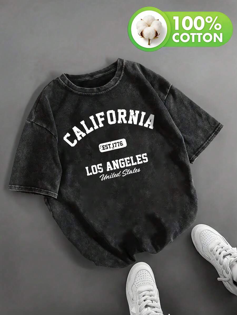 Camiseta de hombre con estampado divertido, estilo desgastado lavado, corte holgado. - Negro - Ver 1