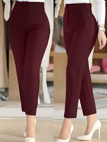 Pantalones tobilleros elegantes de unicolor y ajustados con cinturón para mujer, pantalones de trabajo y uso diario, color rojo primavera - Burdeos - Ver 2