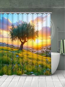 1/3/4 Set Sunset Olive Tree Landscape Bathroom Shower Curtain Set; Healing Natural Scenery Design Style, Waterproof , Suitable For Bathroom Decor And Accessories. Size: 71"X71", Includes 12 Hooks, Toilet Seat Cover, Bath Mat And Rug, Made Of High-Quality Polyester Fabric, Washable And Mildew-Resistant, Ideal For Holiday Decor, Bathroom Setup, And Room Decoration - Sunset Olive Tree - View 3