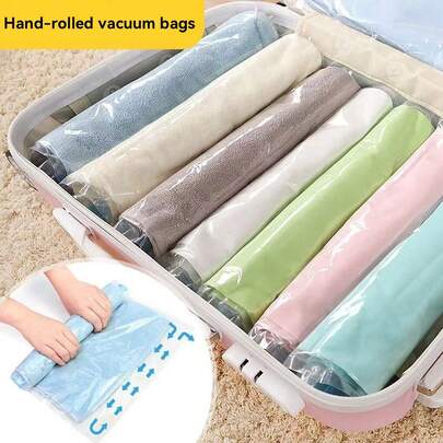 1pc Hand-Roll Vacuum Storage Bag, No Vacuum Cleaner Needed (No Tools Required), Waterproof And Moisture-Proof Vacuum Bag - Suitable For Storing Towels, Clothes, Down Jackets And Quilts, Suitable For Travel And Home Organization, Space Saving, Bedroom Storage Bag