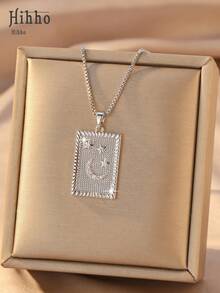Hihho [1pc] Star & Moon Rectangular Pendant Necklace, Rectangular Pendant Engraved With Crescent Moon & 3 Stars, Delicate Details, Available In Gold/Silver, Suitable For Daily Wear Or Gift - Star and Moon Square - View 4