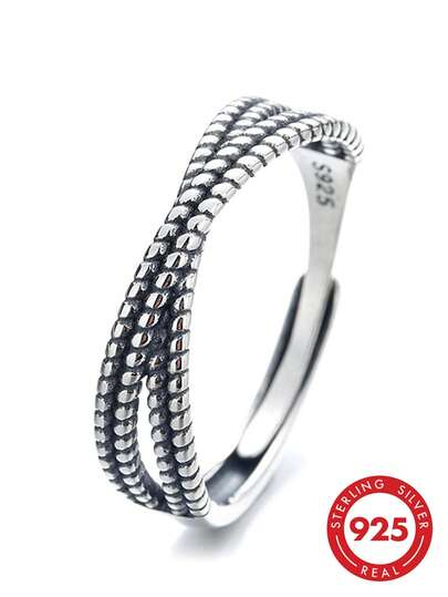 HuooNew 1 pièce Bague ouverte torsadée en argent sterling 925, bracelet à texture vintage réglable, bijoux de style bohème hypoallergénique, cadeau idéal pour elle