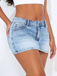 Sexy Fitted Mini Denim Skirt, Summer - 輕洗 - 查看 6