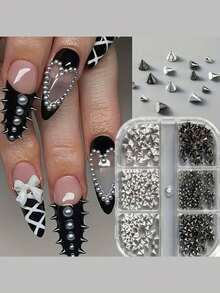Bộ trang trí móng tay 6Grids hình đinh tán kim loại, kiểu đinh tán 3D phong cách Punk, hình nón nhọn kim loại Gothic màu đen và bạc, kiểu khuyên tai Nhật Bản, phụ kiện trang trí móng tay, đá quý trang trí móng tay. - Nhiều màu - Xem 5