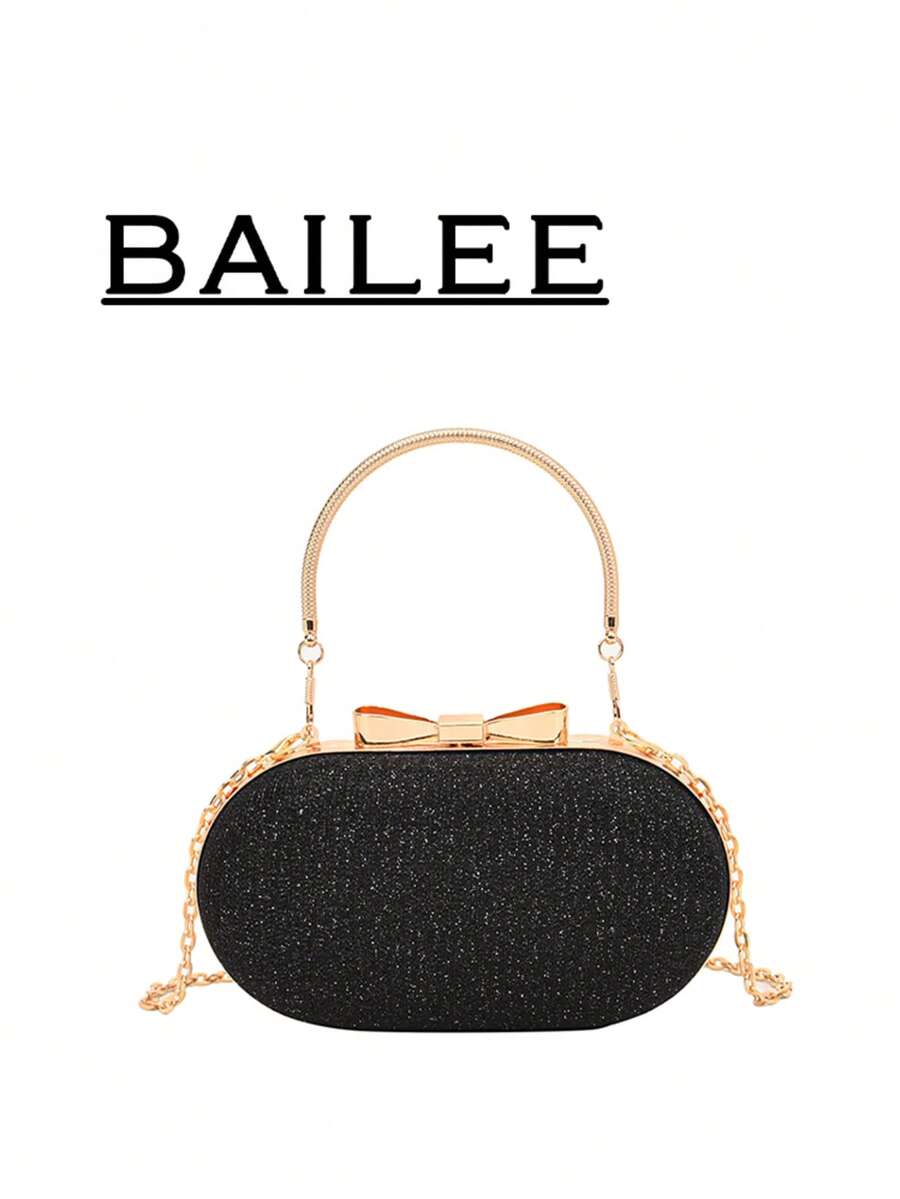 BAILEE 全新优雅时尚亮面椭圆形晚宴手拿包，配有金属手柄和蝴蝶结扣，精致可爱。可用作手提包、单肩包或斜挎包。适合日常通勤、晚宴、搭配服装、旅行、摄影等各种场合。是节日、惊喜、生日和特殊场合送给家人、朋友和爱人的理想礼物。