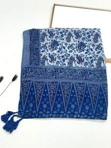 1 buah Syal Ringan Bermotif dengan Rumbai, Syal Fashion Desain Elegan untuk Wanita, Syal Chiffon Bernapas untuk Musim Semi/Panas, Jilbab Serbaguna, Selendang Pantai, Pelindung Matahari, Liburan - Blue and White - View 5