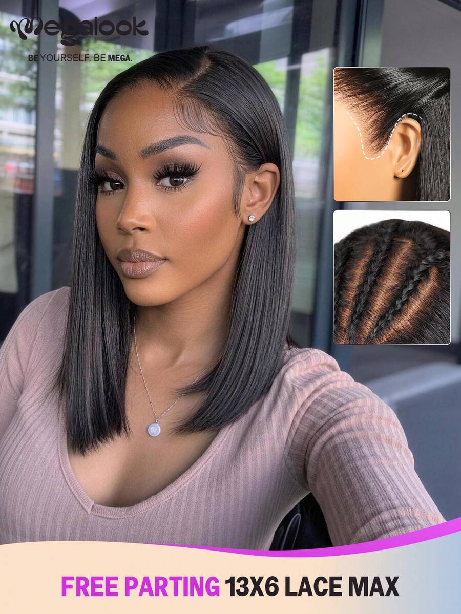 MEGALOOK 13x6蕾丝前假发，100%真人发，直发，自然黑色，透明蕾丝，12-14英寸，免胶波波头假发，无需胶水，自然发际线，配有可调节抽绳假发帽，180%密度，适合女性日常佩戴，外观自然。 - SNatural - 查看 1